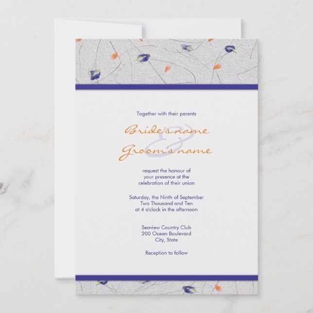 Invitaciones a la boda de Petales con flores azule (Anverso)