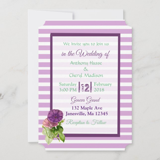 Invitaciones a la boda de Petunias a rayas moradas (Anverso)