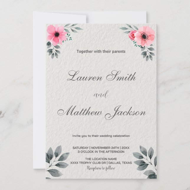 Invitaciones a la boda de Pink Florals (Anverso)