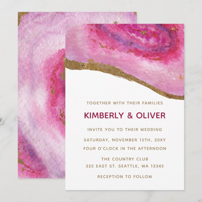 Invitaciones a la boda de Pink Gilt Agate (Anverso / Reverso)