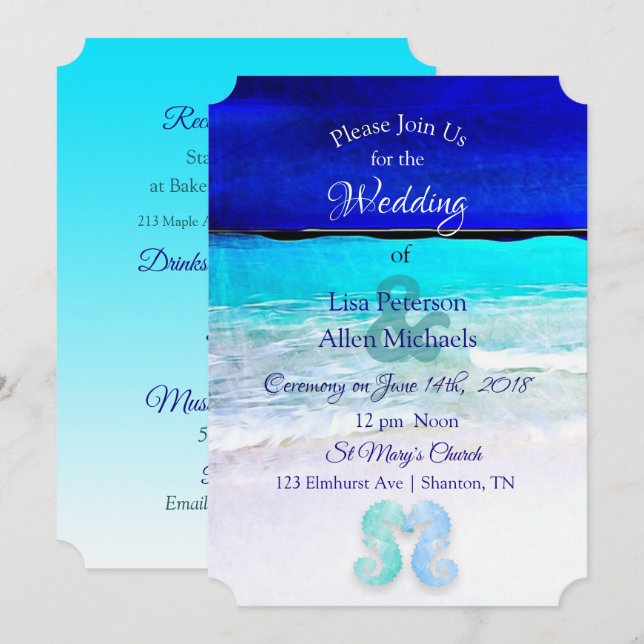 Invitaciones a la Boda de Playa Azul de caballitos (Anverso / Reverso)
