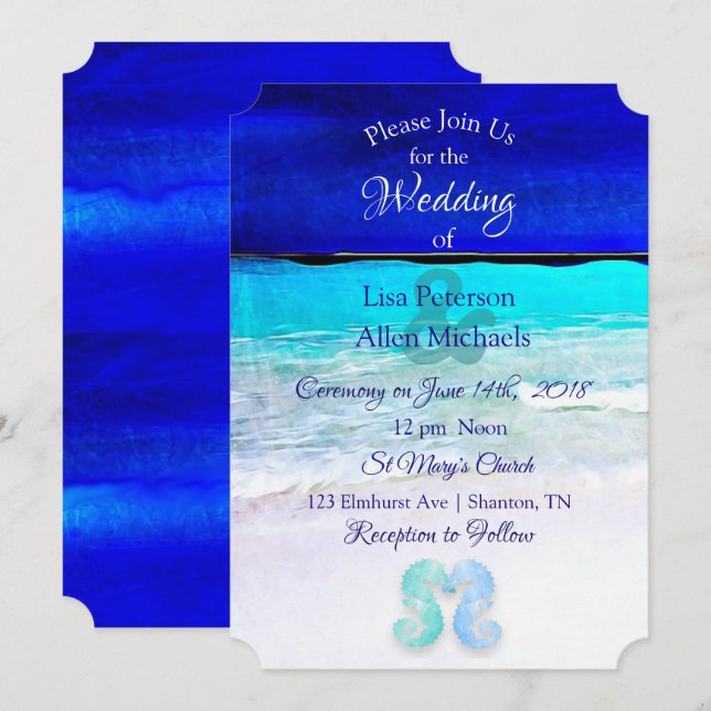 Invitaciones a la Boda de Playa Azul de caballitos (Anverso / Reverso)
