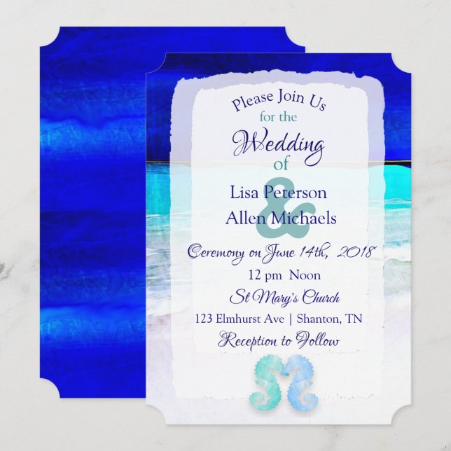 Invitaciones a la Boda de Playa Azul de caballitos (Anverso / Reverso)