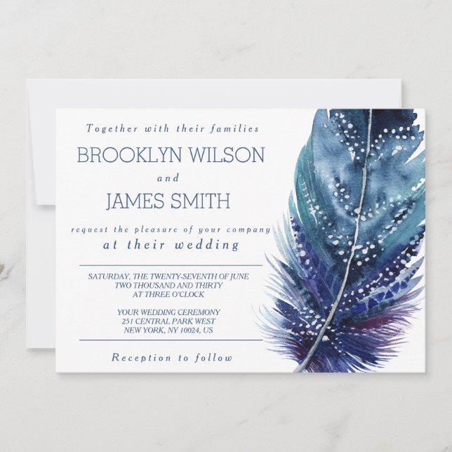 Invitaciones a la boda de plumas azules (Anverso)