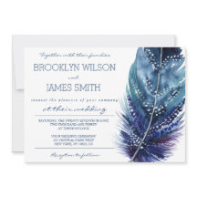 Invitaciones a la boda de plumas azules y moradas