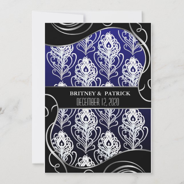 Invitaciones a la boda de plumas de pavo real y az (Anverso)