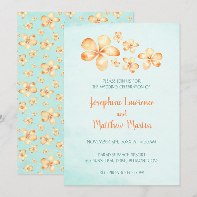 Invitaciones a la boda de Plumeria en la Isla (Anverso / Reverso)