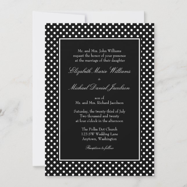 Invitaciones a la boda de puntos de polka blanco y (Anverso)