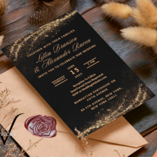 Invitaciones a la boda de Purpurinas negros y dora