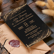 Invitaciones a la boda de Purpurinas negros y dora