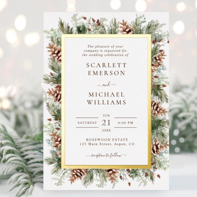 Invitaciones a la boda de Relieve metalizado dorad (Elegant Forest Pinecone Mountain Greenery Gold Foil Wedding Invitations by Painted Paperie
)