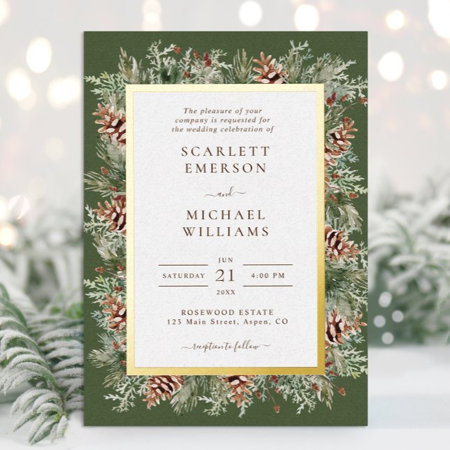 Invitaciones a la boda de Relieve metalizado dorad (Hunter Green Watercolor Pinecone Evergreen Gold Foil Wedding Invitations by Painted Paperie
)