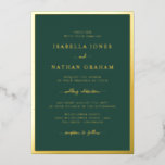 Invitaciones a la boda de Relieve metalizado dorad<br><div class="desc">Sencilla y elegante,  esta elegante invitación a la boda presenta un elegante borde y un precioso guión de caligrafía presionado en Relieve metalizado de oro real sobre un fondo verde esmeralda.</div>