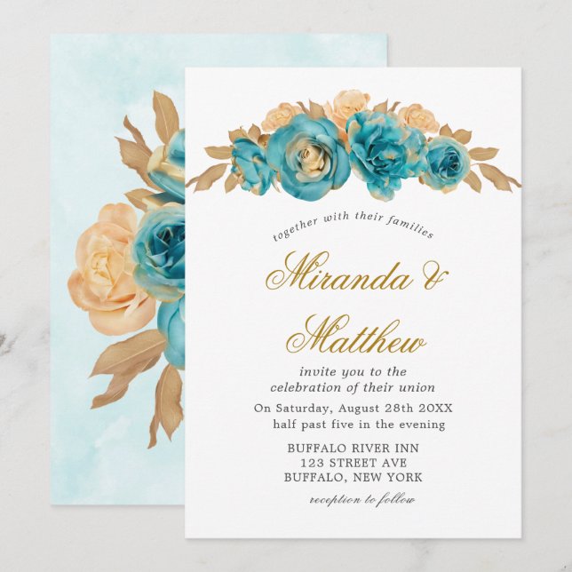 Invitaciones a la boda de Rosas de oro verde azula (Anverso / Reverso)