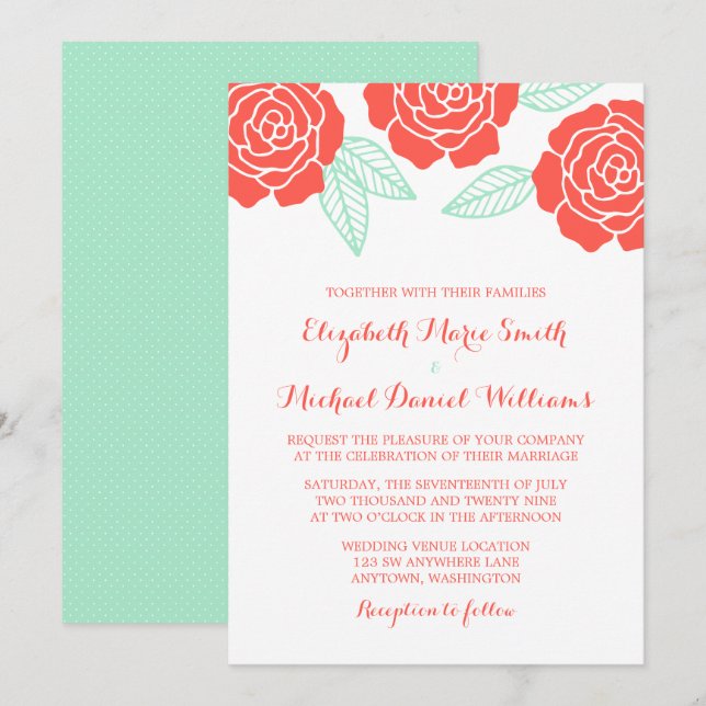 Invitaciones a la boda de Rosas modernos de coral  (Anverso / Reverso)