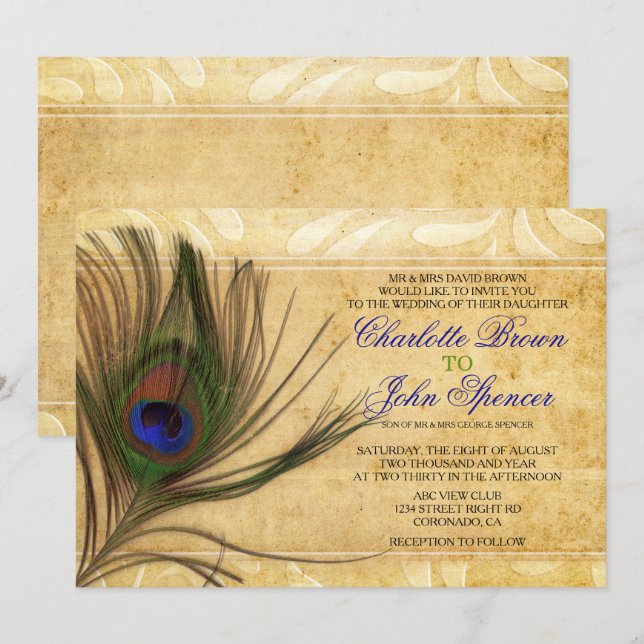 Invitaciones a la boda de Rustic Peacock Feather (Anverso / Reverso)