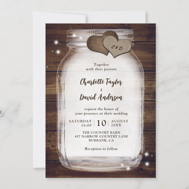 Invitaciones a la boda de Rustic Wood Mason Jar (Anverso)