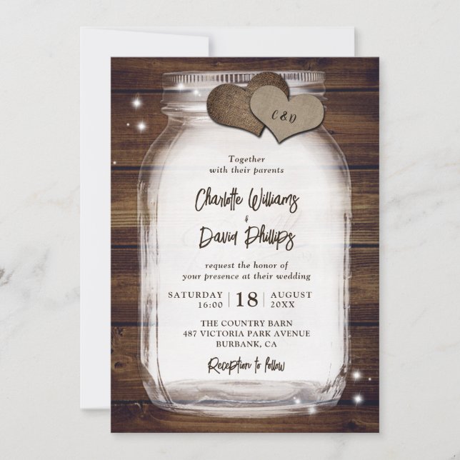 Invitaciones a la boda de Rustic Wood Mason Jar (Anverso)