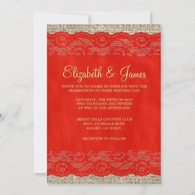 Invitaciones a la boda de Rústico Rojo y Oro (Anverso)