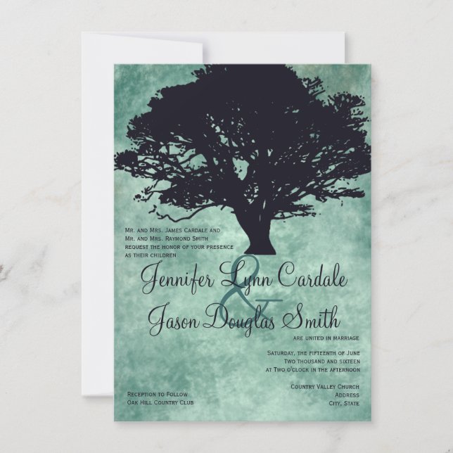 Invitaciones a la boda de silueta de roble azul (Anverso)