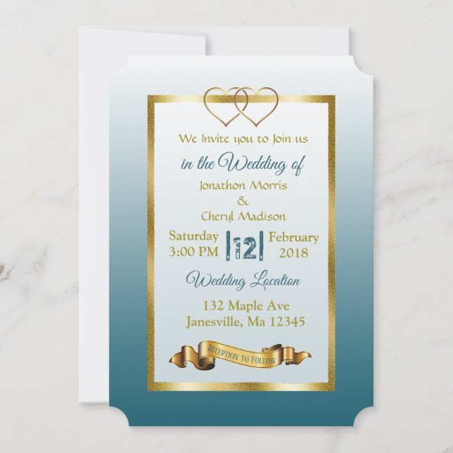 Invitaciones a la boda de Slate Blue y Gold Hearts (Anverso)