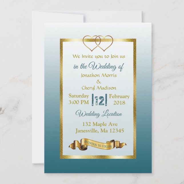Invitaciones a la boda de Slate Blue y Gold Hearts (Anverso)