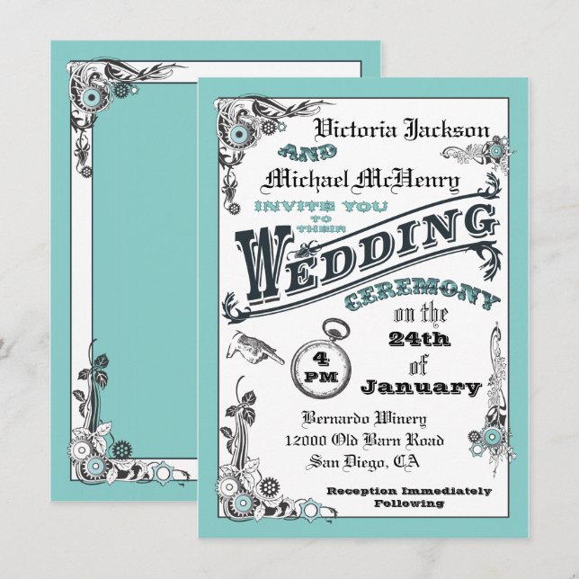 Invitaciones a la boda de Steampunk en Victoria (Anverso / Reverso)