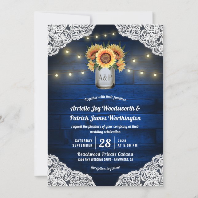Invitaciones a la boda de Sunflower Mason Jar Blue (Anverso)