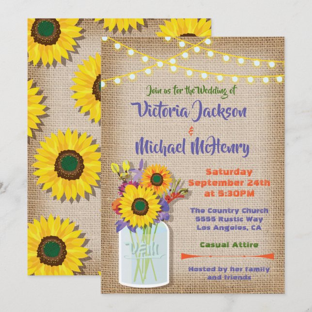 Invitaciones a la boda de Sunflower Mason Jar Burl (Anverso / Reverso)