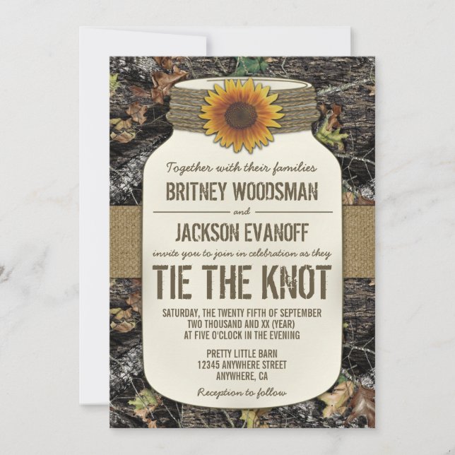 Invitaciones a la boda de Sunflower Mason Jar Camo (Anverso)