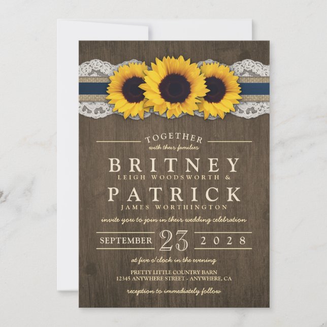 Invitaciones a la boda de Sunflower Rustic Blue Bu (Anverso)