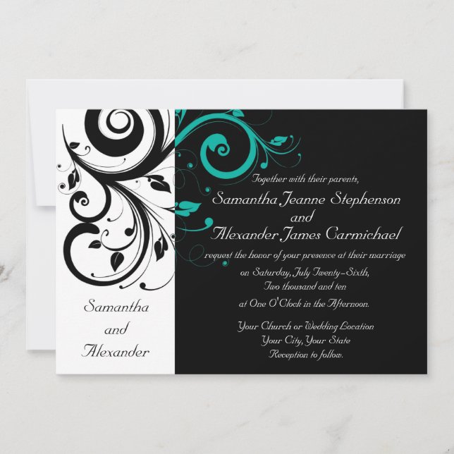 Invitaciones a la boda de Swirl Black White Aqua (Anverso)