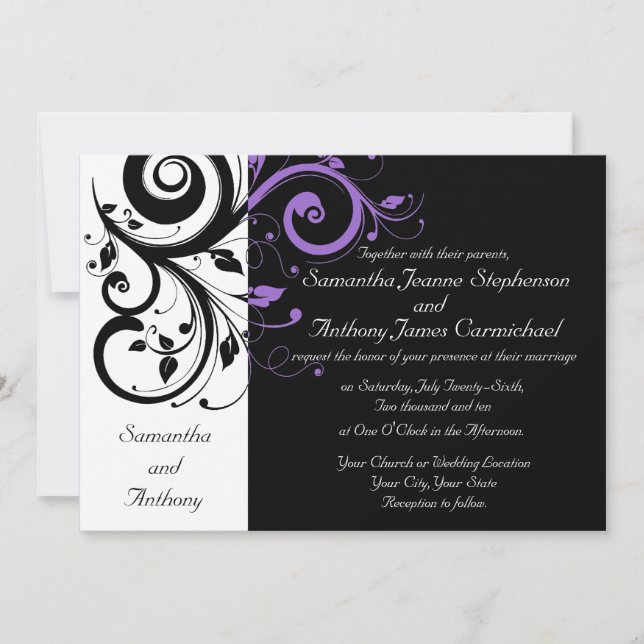 Invitaciones a la Boda de Swirl Black White Purple (Anverso)