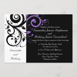 Invitaciones a la Boda de Swirl Black White Purple