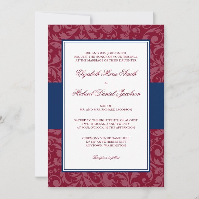 Invitaciones a la boda de Swirl de Borgoña y la Ma (Anverso)