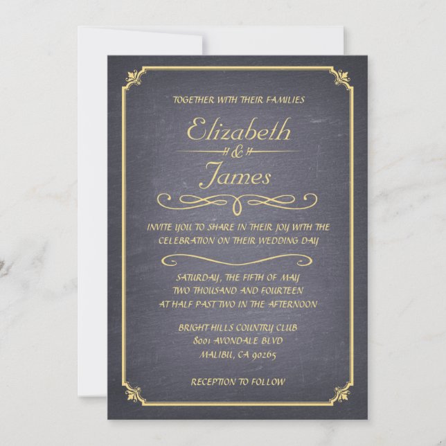 Invitaciones a la boda de tablero negro y oro (Anverso)