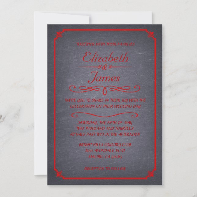 Invitaciones a la boda de tablero negro y rojo (Anverso)