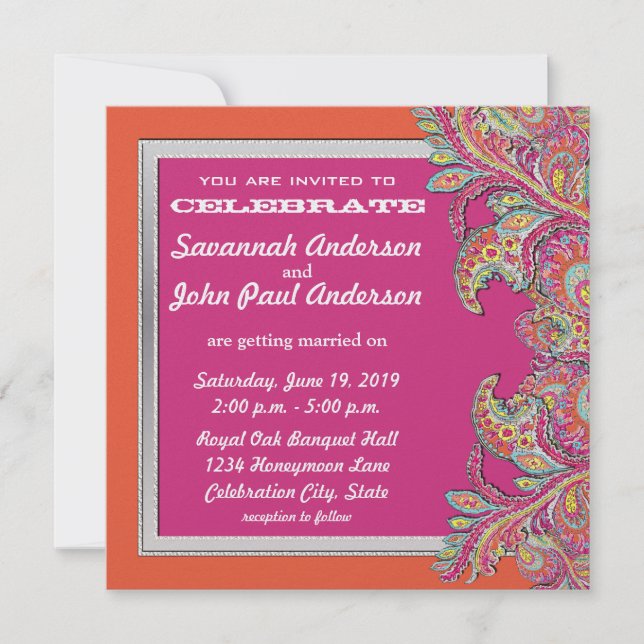 Invitaciones a la boda de Tangerina y Fuchsia marr (Anverso)