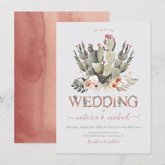 Invitaciones a la boda de Terra Cotta y Cactus (Anverso / Reverso)