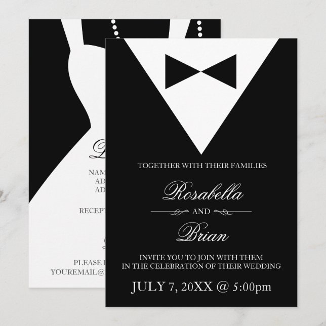 Invitaciones a la boda de Tuxedo Negro y Vestido B (Anverso / Reverso)