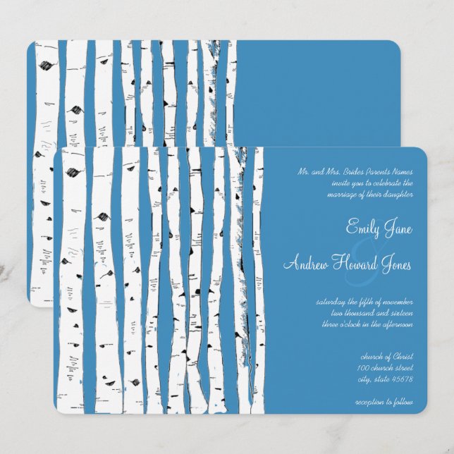 Invitaciones a la boda de un árbol de aves azul de (Anverso / Reverso)