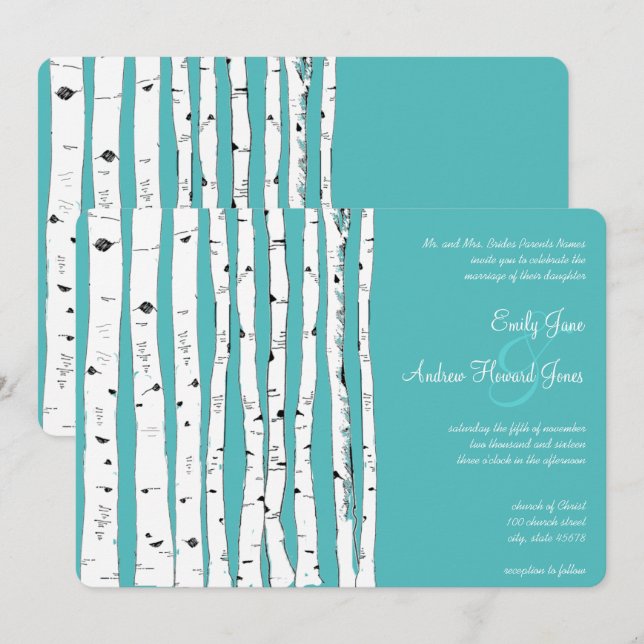 Invitaciones a la boda de un árbol de aves azul tu (Anverso / Reverso)