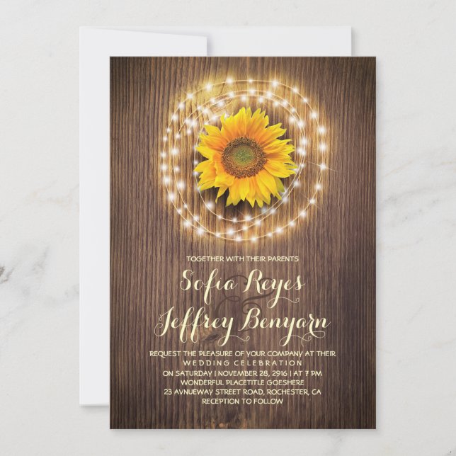 invitaciones a la boda de un granero de girasol rú (Anverso)