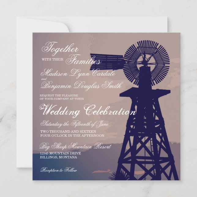 Invitaciones a la boda de un molino de viento rúst (Anverso)
