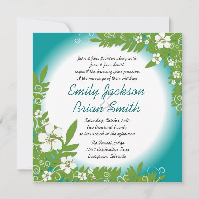 invitaciones a la boda de un verde azulado hibisco (Anverso)