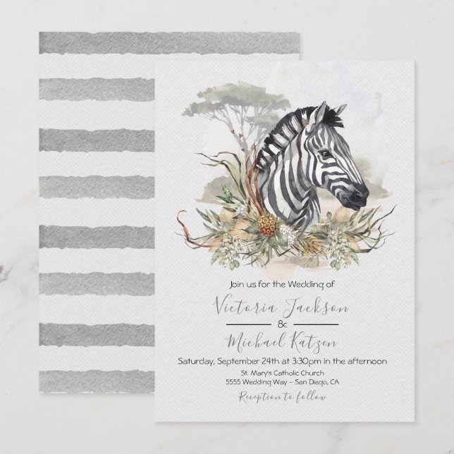 Invitaciones a la boda de Zebra de la Jungla Tropi (Anverso / Reverso)
