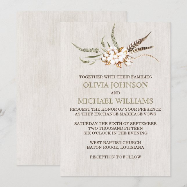 Invitaciones a la boda del algodón del Sur (Anverso / Reverso)