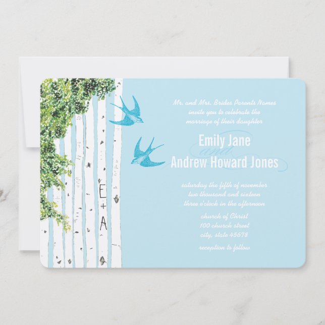 Invitaciones a la boda del árbol de aves de pájaro (Anverso)