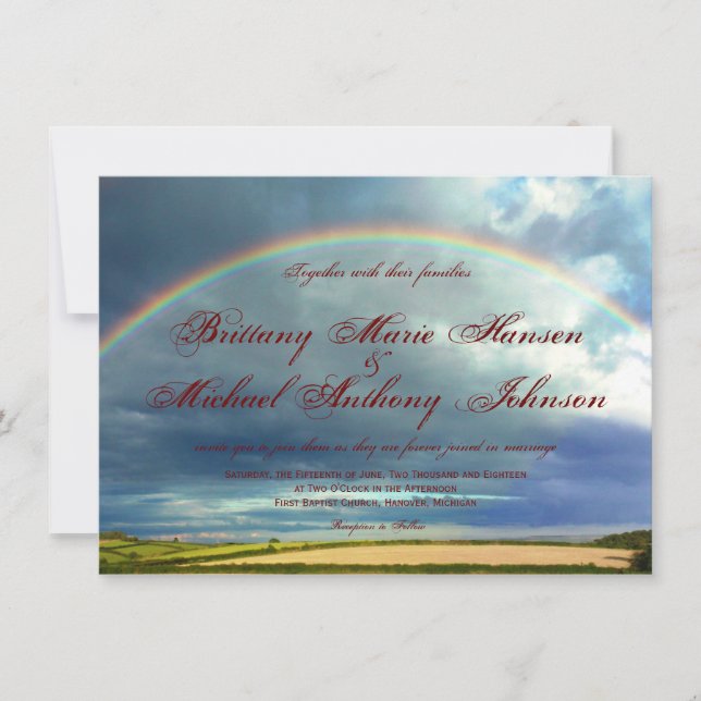 Invitaciones a la boda del Arcoiris sobre campos d (Anverso)