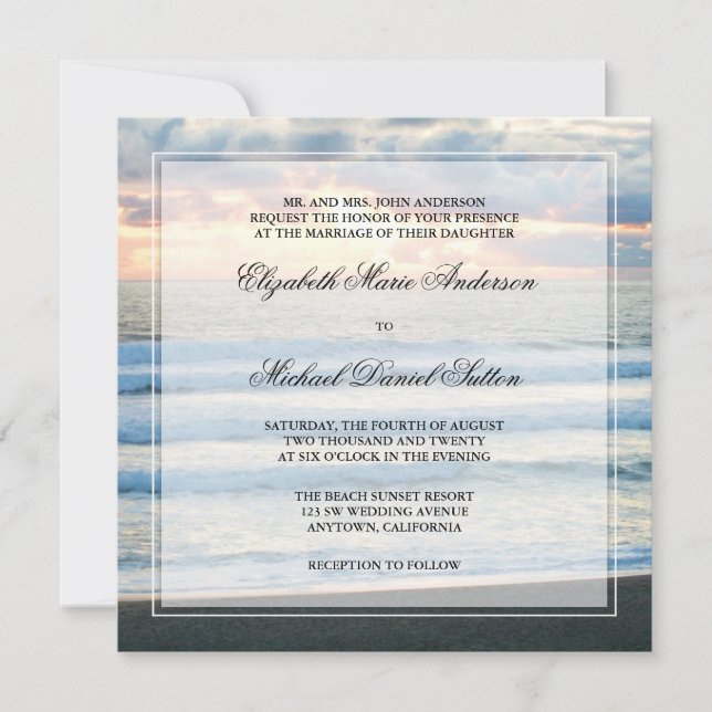 Invitaciones a la boda del atardecer en la playa (Anverso)